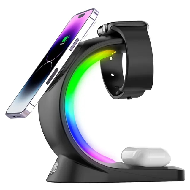 JEDI Phone Bracket 3 in 1 Wireless Charger Magnetic Charging Station With 6 Running LED RGB Light Lamp